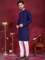 Men's Chikankari Embroidered Kurta Pyjama Set.-JOKP-5021Navy