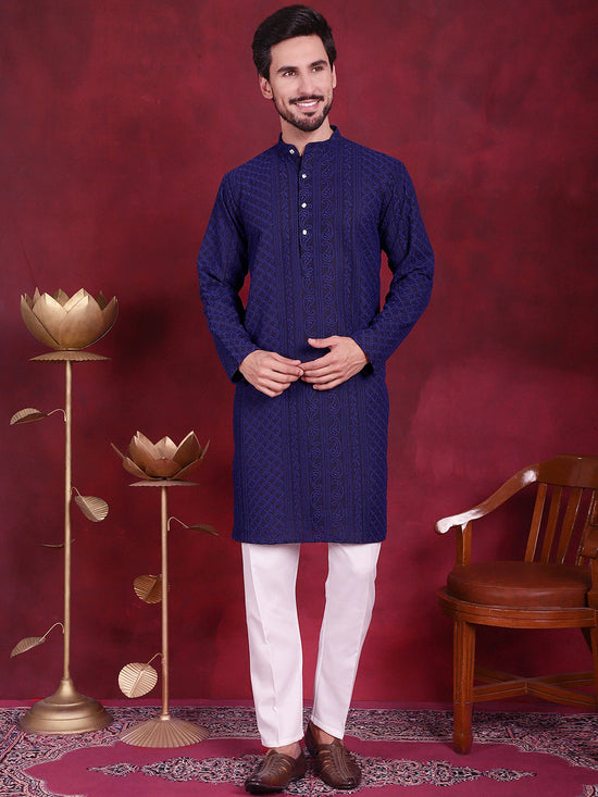 Men's Chikankari Embroidered Kurta Pyjama Set.-JOKP-5021Navy