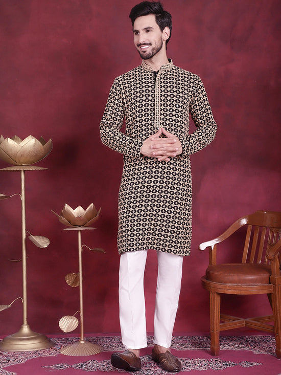 Men's Sequins Embroidered Kurta with Pyjama.-JOKP-5023Black