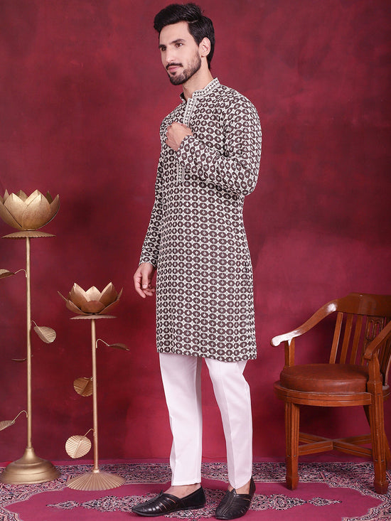 Men's Sequins Embroidered Kurta with Pyjama.-JOKP-5023Brown