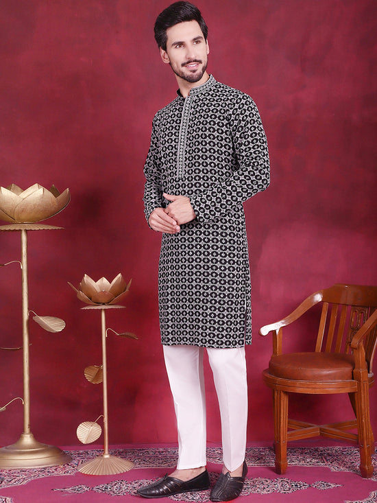 Men's Sequins Embroidered Kurta with Pyjama.-JOKP-5023Grey