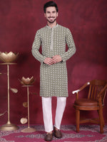 Men's Sequins Embroidered Kurta with Pyjama.-JOKP-5023Mehndi