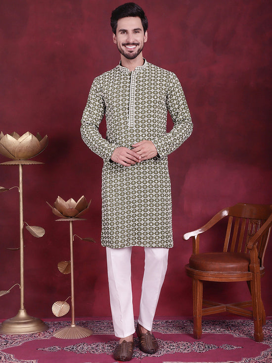 Men's Sequins Embroidered Kurta with Pyjama.-JOKP-5023Mehndi