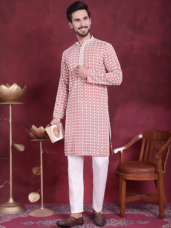 Men's Sequins Embroidered Kurta with Pyjama.-JOKP-5023Peach