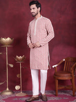 Men's Sequins Embroidered Kurta with Pyjama.-JOKP-5023Peach