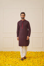 Men's Sequins Chikankari Embroidered Kurta with Pyjama.-JOKP-P-5024Maroon