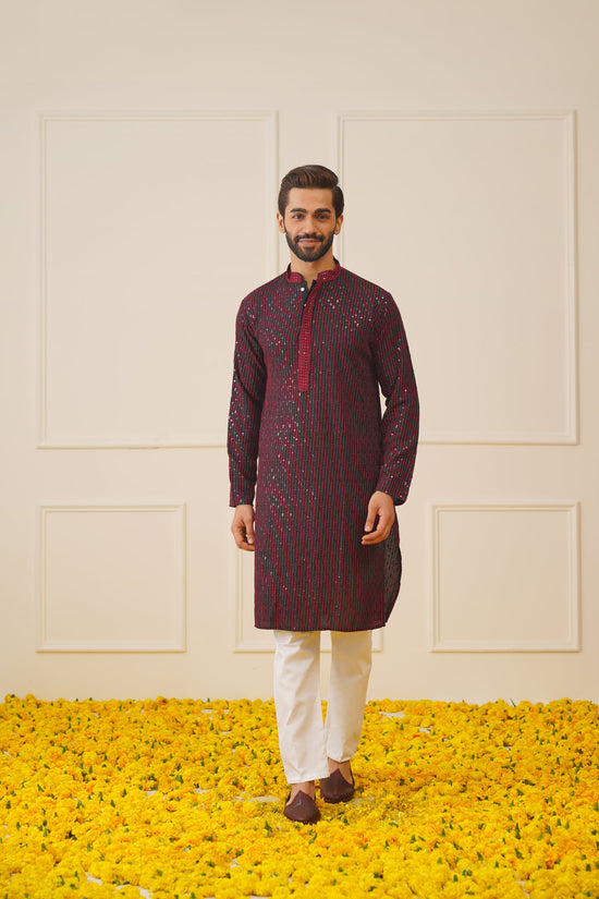 Men's Sequins Chikankari Embroidered Kurta with Pyjama.-JOKP-P-5024Maroon