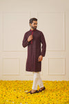 Men's Sequins Chikankari Embroidered Kurta with Pyjama.-JOKP-P-5024Maroon