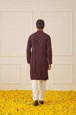 Men's Sequins Chikankari Embroidered Kurta with Pyjama.-JOKP-P-5024Maroon