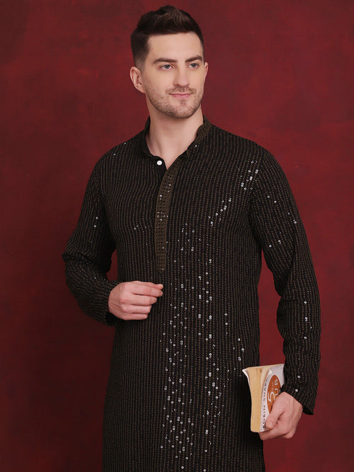 Men's Sequins Chikankari Embroidered Kurta with Pyjama.-JOKP-P-5024Olive