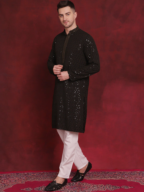 Men's Sequins Chikankari Embroidered Kurta with Pyjama.-JOKP-P-5024Olive