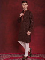 Men's Sequins Chikankari Embroidered Kurta with Pyjama.-JOKP-P-5024Orange