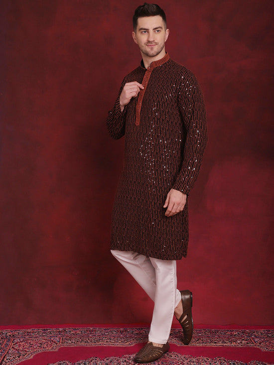 Men's Sequins Chikankari Embroidered Kurta with Pyjama.-JOKP-P-5024Orange