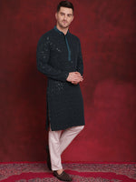 Men's Sequins Chikankari Embroidered Kurta with Pyjama.-JOKP-P-5024Peacock