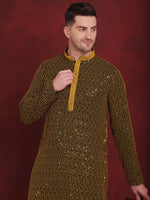 Men's Sequins Chikankari Embroidered Kurta with Pyjama.-JOKP-P-5024Yellow