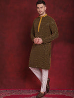 Men's Sequins Chikankari Embroidered Kurta with Pyjama.-JOKP-P-5024Yellow