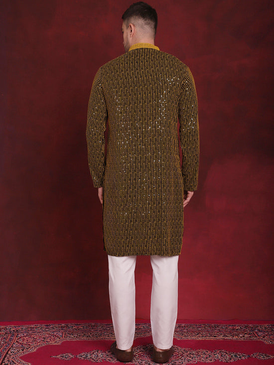 Men's Sequins Chikankari Embroidered Kurta with Pyjama.-JOKP-P-5024Yellow