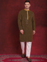 Men's Sequins Chikankari Embroidered Kurta with Pyjama.-JOKP-P-5024Yellow