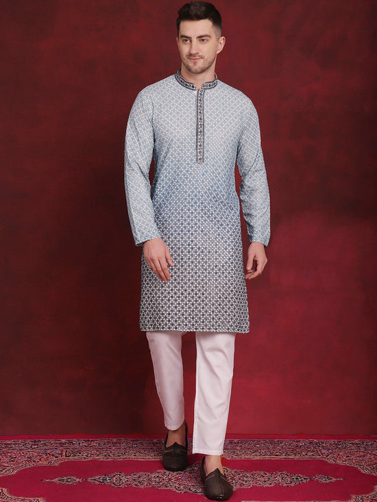 Men's Sequins Embroidered Kurta with Pyjama.-JOKP-P-5025Blue