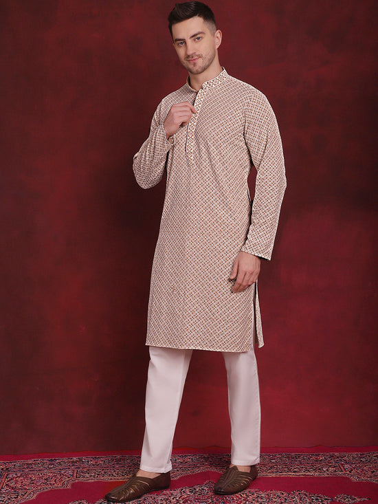 Sequin Embroidered Pure Cotton Kurta with Pyjamas-JOKP-P-5028Beige