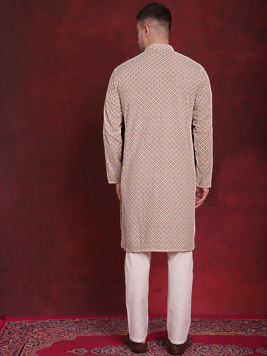 Sequin Embroidered Pure Cotton Kurta with Pyjamas-JOKP-P-5028Beige