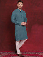 Sequin Embroidered Pure Cotton Kurta with Pyjamas-JOKP-P-5028Blue