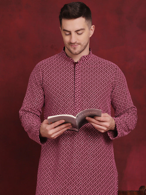 Sequin Embroidered Pure Cotton Kurta with Pyjamas-JOKP-P-5028Magenta