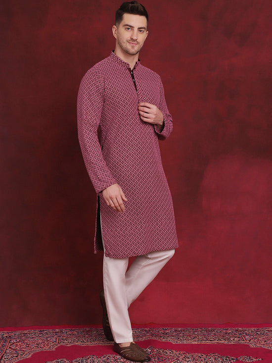 Sequin Embroidered Pure Cotton Kurta with Pyjamas-JOKP-P-5028Magenta