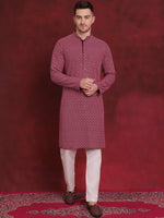 Sequin Embroidered Pure Cotton Kurta with Pyjamas-JOKP-P-5028Magenta