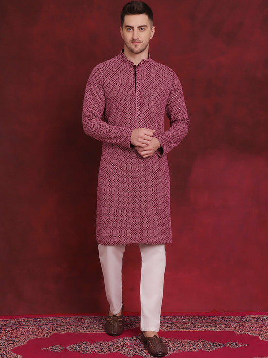 Sequin Embroidered Pure Cotton Kurta with Pyjamas-JOKP-P-5028Magenta