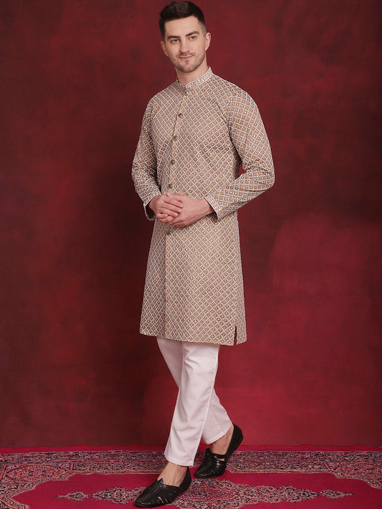 Sequin Chikankari Front Open Kurta With Pyjamas-JOKP-P-5029Beige