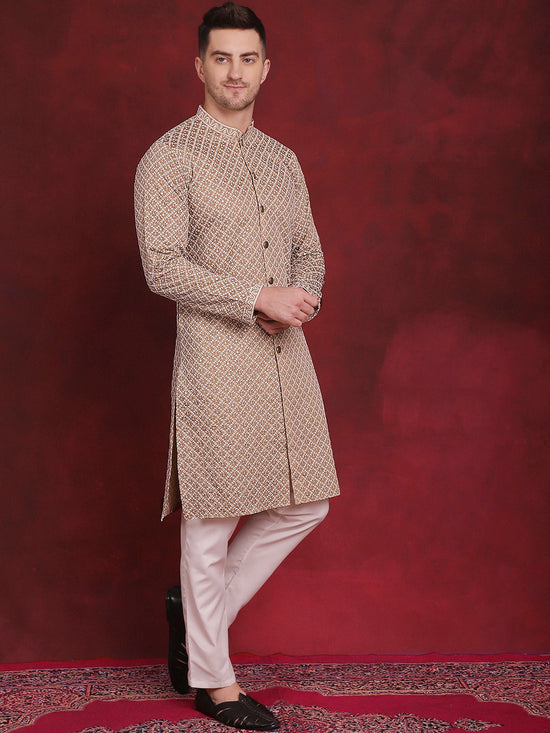 Sequin Chikankari Front Open Kurta With Pyjamas-JOKP-P-5029Beige