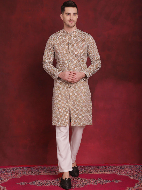 Sequin Chikankari Front Open Kurta With Pyjamas-JOKP-P-5029Beige