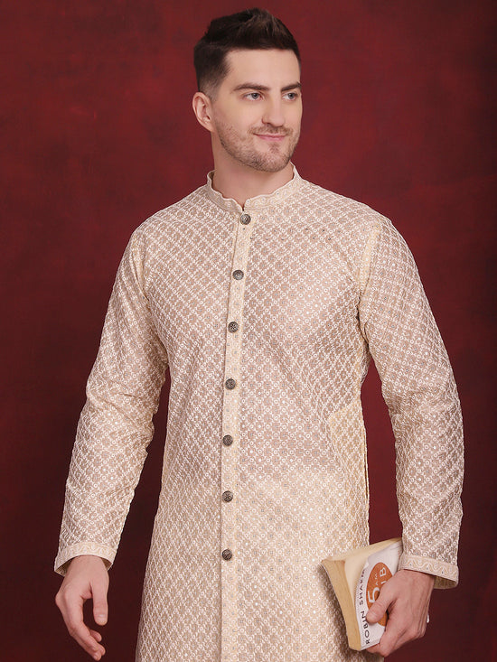 Sequin Chikankari Front Open Kurta With Pyjamas-JOKP-P-5029Golden