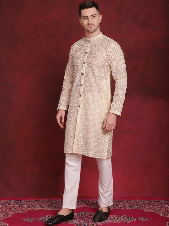 Sequin Chikankari Front Open Kurta With Pyjamas-JOKP-P-5029Golden