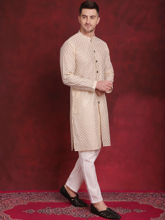 Sequin Chikankari Front Open Kurta With Pyjamas-JOKP-P-5029Golden