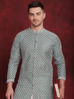 Sequin Chikankari Front Open Kurta With Pyjamas-JOKP-P-5029Green