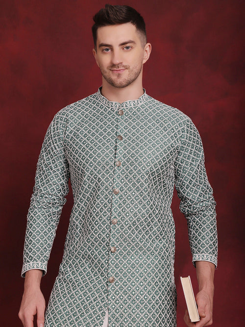 Sequin Chikankari Front Open Kurta With Pyjamas-JOKP-P-5029Green