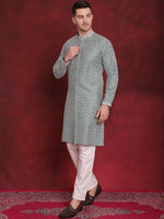 Sequin Chikankari Front Open Kurta With Pyjamas-JOKP-P-5029Green