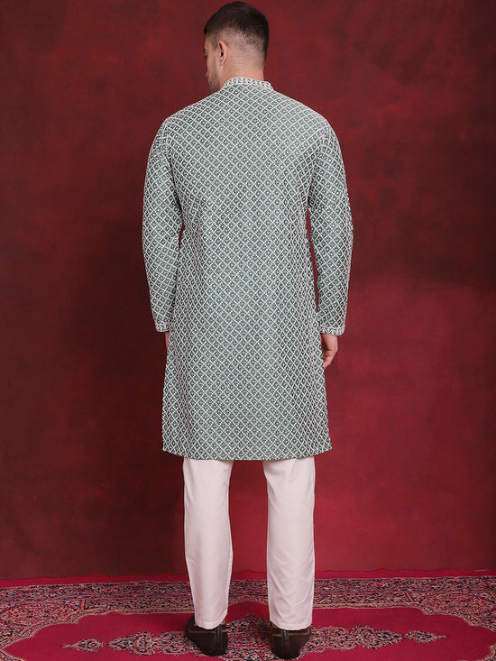 Sequin Chikankari Front Open Kurta With Pyjamas-JOKP-P-5029Green