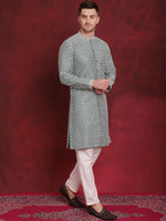 Sequin Chikankari Front Open Kurta With Pyjamas-JOKP-P-5029Green