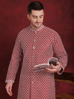 Sequin Chikankari Front Open Kurta With Pyjamas-JOKP-P-5029Maroon