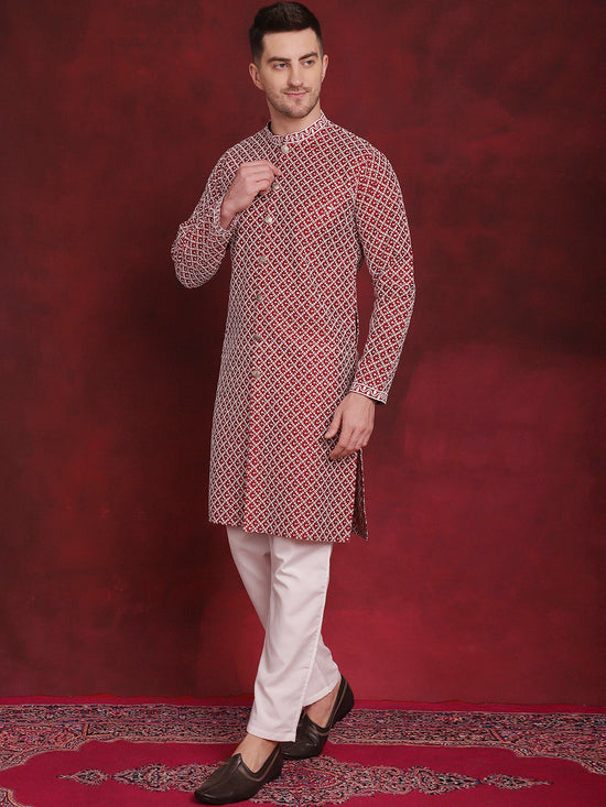 Sequin Chikankari Front Open Kurta With Pyjamas-JOKP-P-5029Maroon