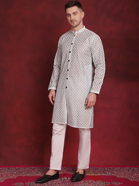 Sequin Chikankari Front Open Kurta With Pyjamas-JOKP-P-5029Sky