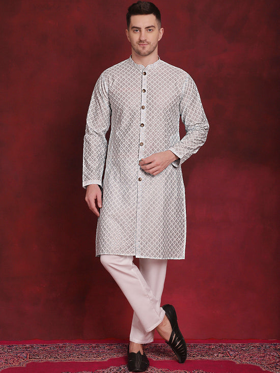 Sequin Chikankari Front Open Kurta With Pyjamas-JOKP-P-5029Sky