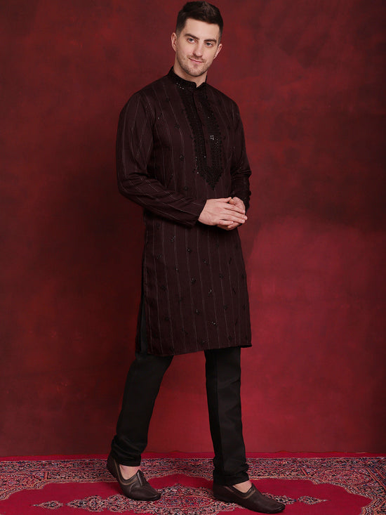 Sequins Embroidered Kurta Pyjama Set for Men-JOKP-B-P-5030Maroon