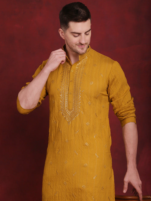 Sequins Embroidered Kurta Pyjama Set for Men-JOKP-P-5030Mustard