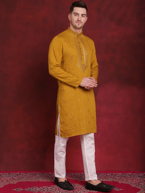 Sequins Embroidered Kurta Pyjama Set for Men-JOKP-P-5030Mustard