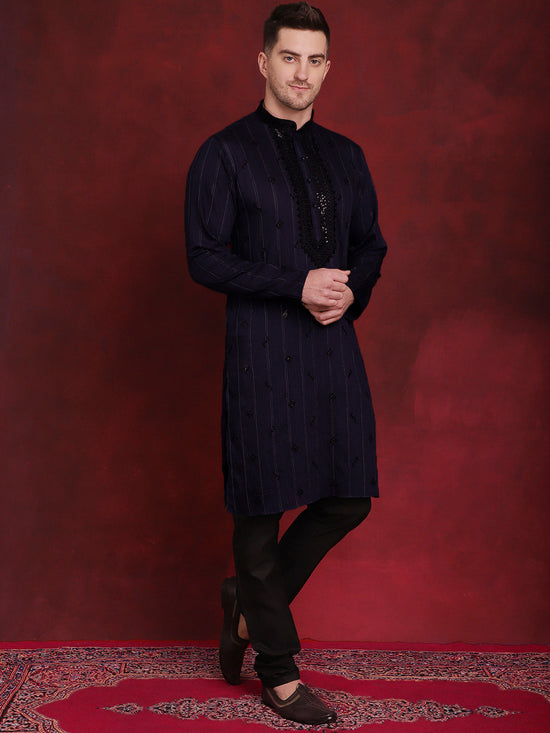 Sequins Embroidered Kurta Pyjama Set for Men-JOKP-B-P-5030Navy