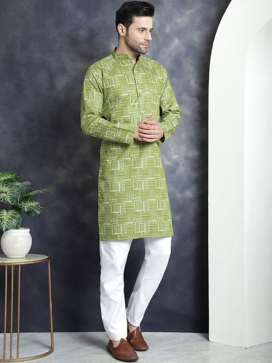 Men's Printed Kurta with Churidar-JOKP-P-5031Olive